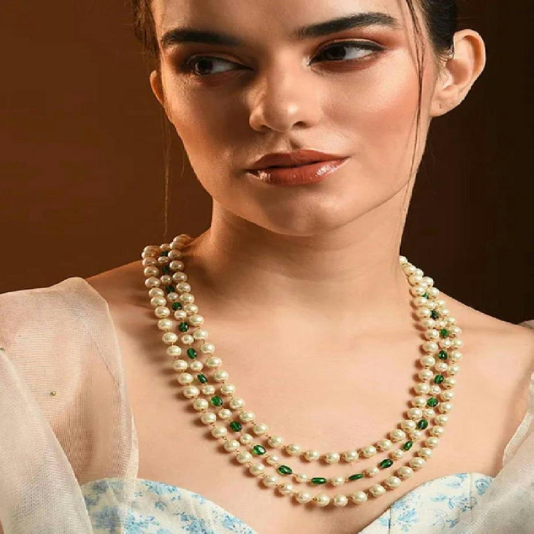 Green White Beaded Layered Necklace with Pearls - MS355A