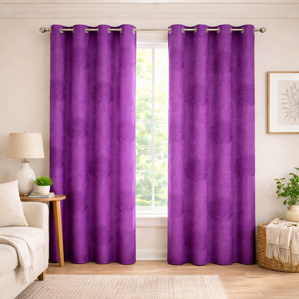 Purple Window Curtains Set of 2 – Eyelet Door Curtains | Premium Polyester Fabric | Room Darkening & Elegant Printed Curtains | Living Room & Bedroom Drapes