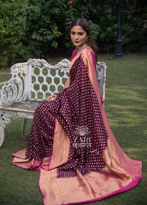 Sukh: Khaddi Georgette Handloom Banarasi Saree In The Shades Of Purple And Red With Zari Butis