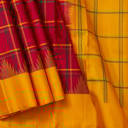 Red And Yellow Ganga Jamuna Kanchipuram Silk Saree Without Zari For Festive Wear PV KNN 290