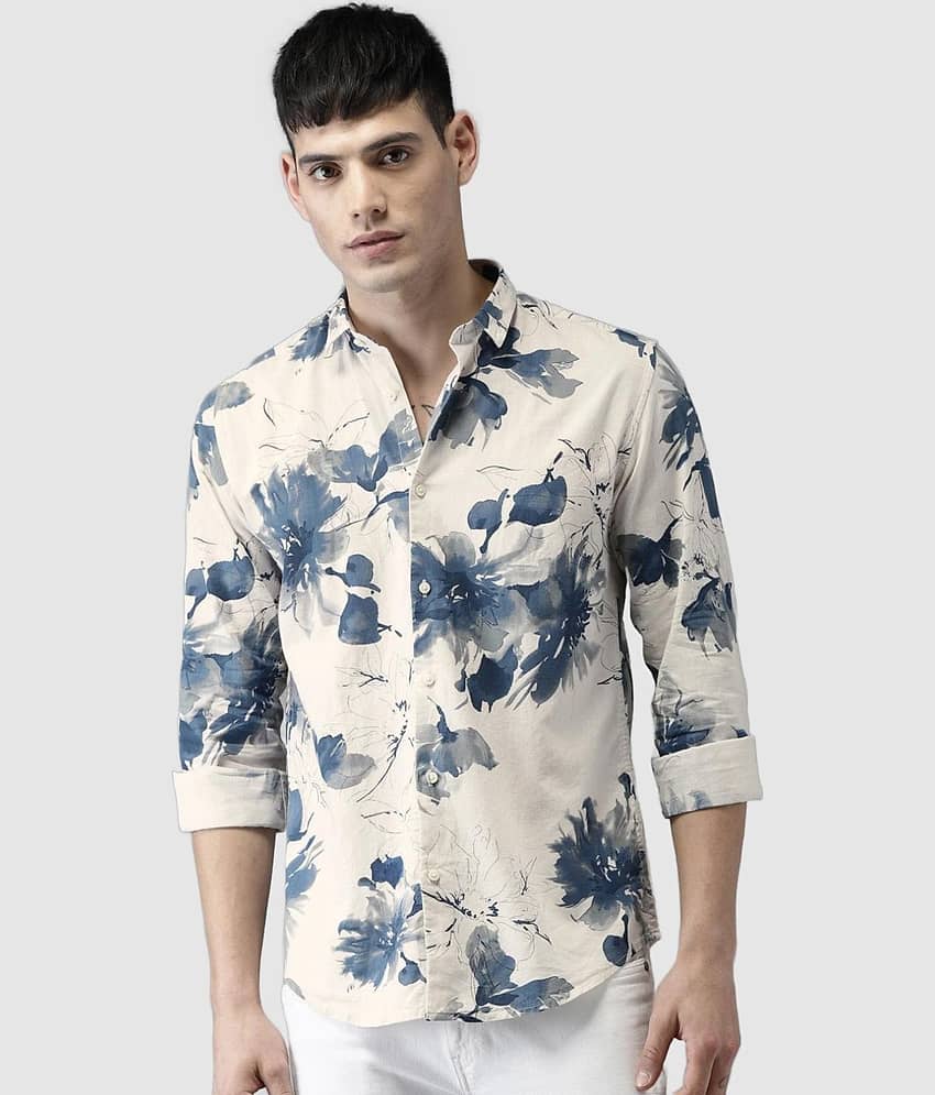 Bene Kleed Men Cream-Coloured & Brown Slim Fit Printed Casual Shirt