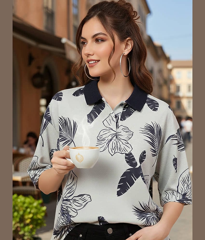 GET GOLF Women Cotton Blend Oversized Fit Polo Collar T-Shirt ( Grey )