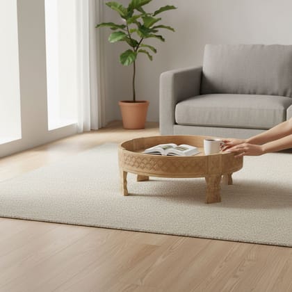 Attractive Wooden Round Coffee Table with Storage | Carved Chakki Table for Home Decor