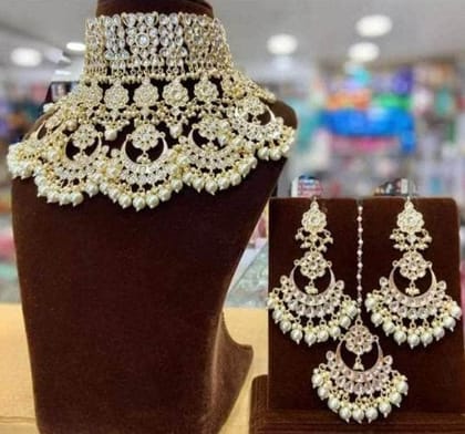 Pearl Choker Necklace With Earrings & Maangtika-White