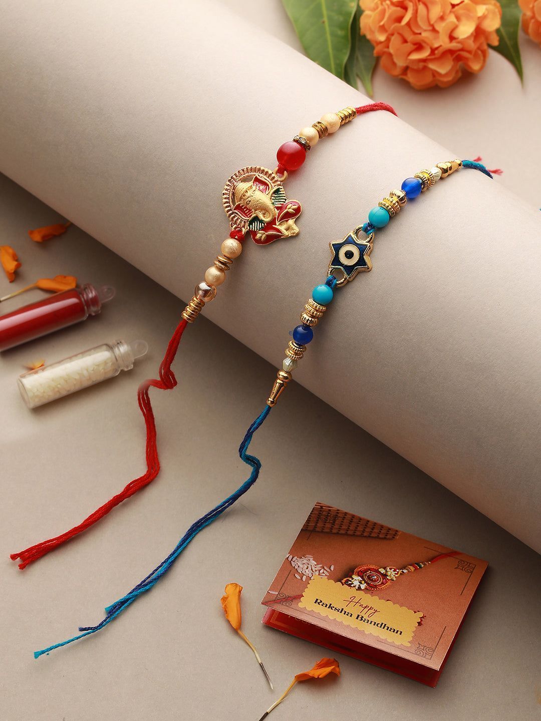 Set Of 2 Evil eye nd Ganesha Rakhi with Roli Chawal