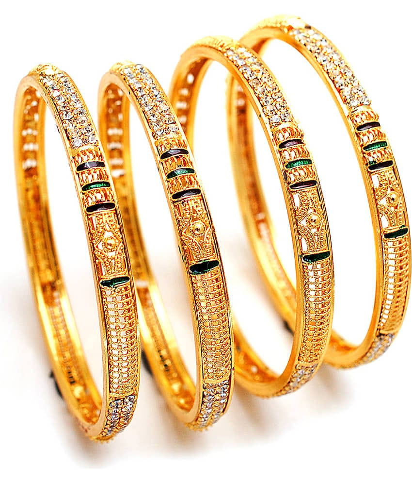 Jewar Mandi Gold Plating Cubiz Zirconia Studded Gold Coloured Bangle Set
