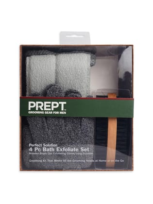 PREPT Men's Bath Exfoliate Set, 4-Piece Grooming Kit with Wooden Brush, Exfoliating Gloves and Long Scrubber