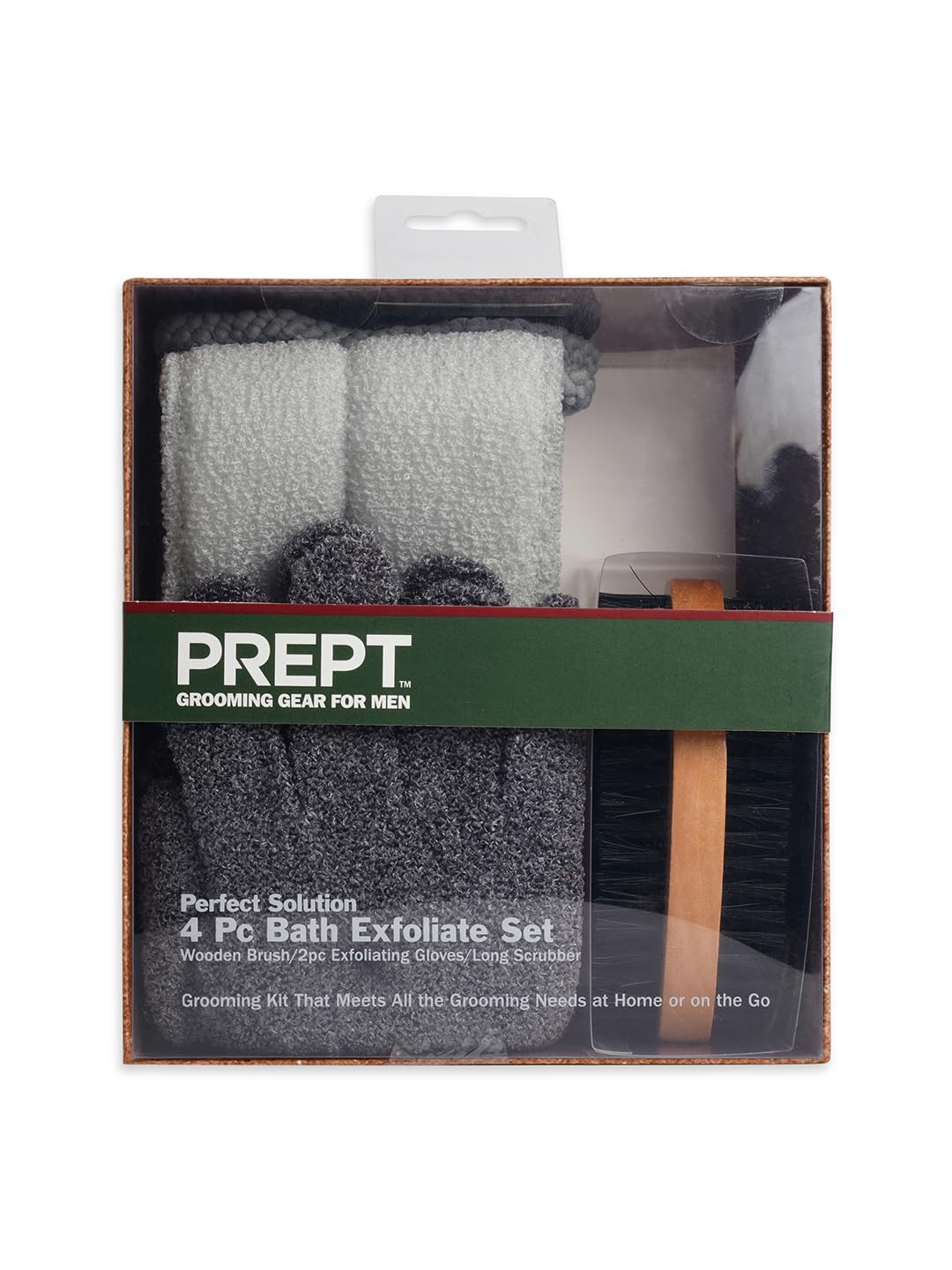 PREPT Men's Bath Exfoliate Set, 4-Piece Grooming Kit with Wooden Brush, Exfoliating Gloves and Long Scrubber