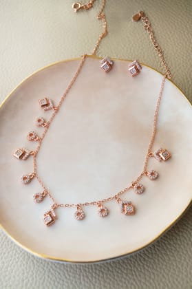 Grandeur Geometric Rose Gold Plated Sterling Silver Chain Necklace Set-Rose