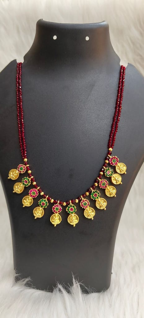 Traditional Indian Necklace Set with Ruby Stone and Gold Plated Pendants