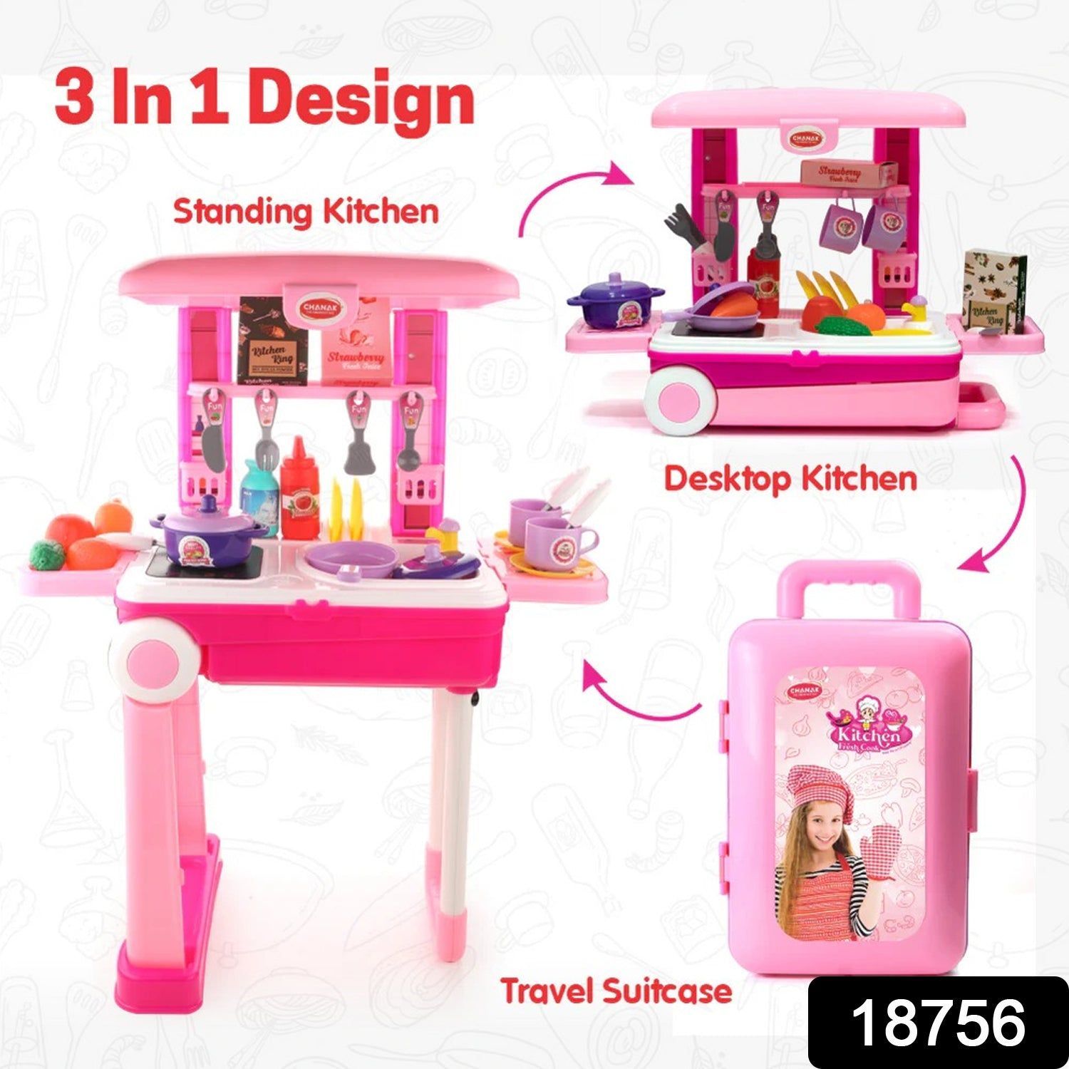 3 In 1 Kitchen Set For Kids Portable Pretend Play Toys For Kids With Suitcase (1 Set)assorted colour