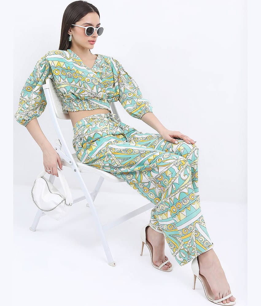 Ketch Women Printed Top With Trousers Co-Ord Set ( Green )