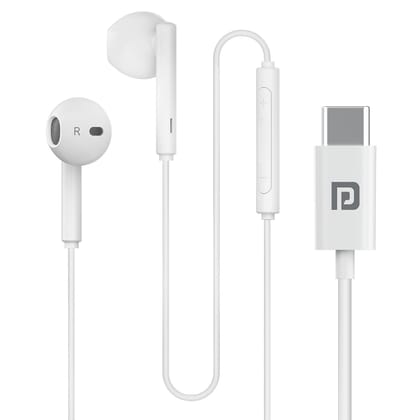 Portronics Conch Theta C in Ear Type C Wired Earphones with in Line HD Mic, Powerful Audio, 14.2mm Driver, Unique Earbuds Design (White)