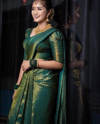 Women's Soft Lichi Silk Printed Saree With Unstitched Blouse 5.5Mtr (Green)-PID63614