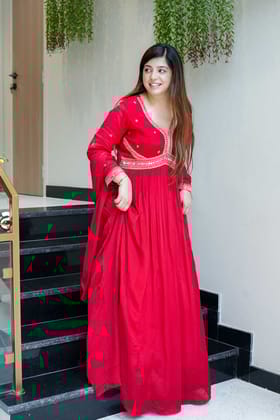 Amiya Red Mirror Work Anarkali with Dupatta-L