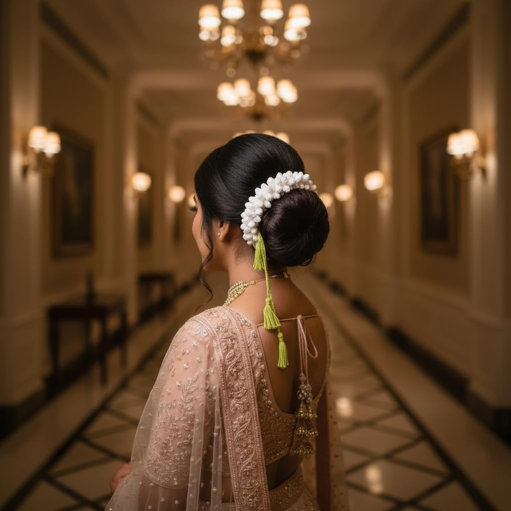 Handcrafted White Mogra Gajra Hair Accessory with Green Tassels, Artificial Crochet Flower Bun Garland