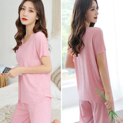 SOFT COMFORTABLE ICE COTTON SHORT SLEEVE T-SHIRT TWO PIECE SET LOOSE WIDE-LEG PANTS-S / Black
