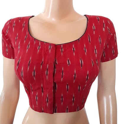 Ikat Cotton Round neck Blouse with Short Sleeves, Red, BI1154-S