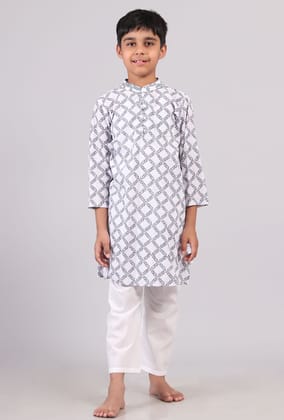 Set of 2: White and Blue Hand Block Print Kurta Pyjama Set-5-6Y