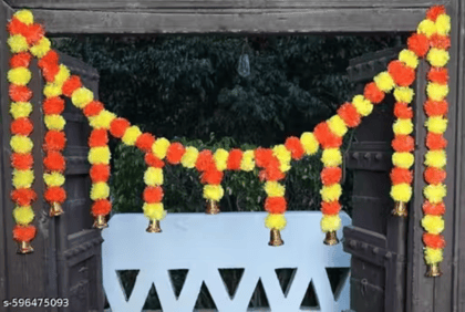 Artificial Marigold Toran with Bells | Door Hanging Bandhanwar for Home Entrance & Diwali Decoration | Yellow & Orange Flower Garland for Main Door Dcor**