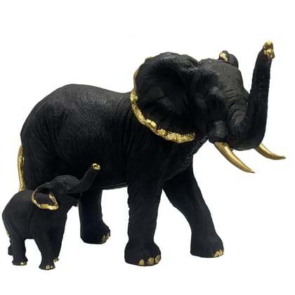 Antique Polyresin Mother And Baby Elephant Black Showpiece H 19 cm-Poly Resin