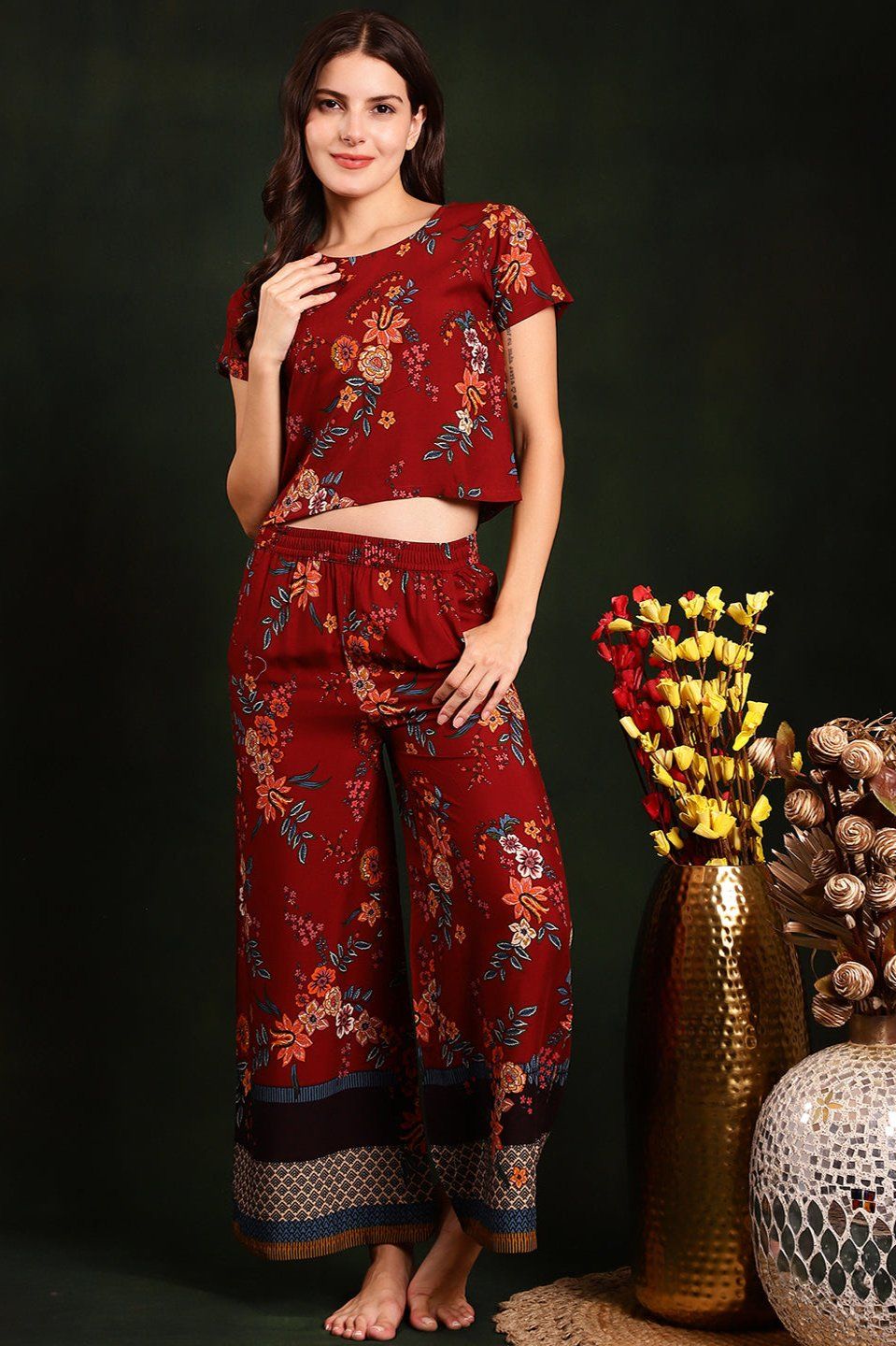Maroon Colour Floral Printed Viscose Rayon Night Suit-S