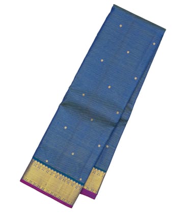 Dark Blue Handloom Kanchipuram Silk Saree With Stripes & Buttas-Steel Blue