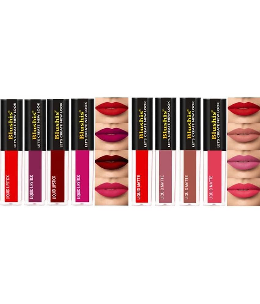 Blushis Waterproof Longlasting Matte Finish Liquid Lipstick Combo Pack Of 8Pc(Multicolour, 32 Ml)