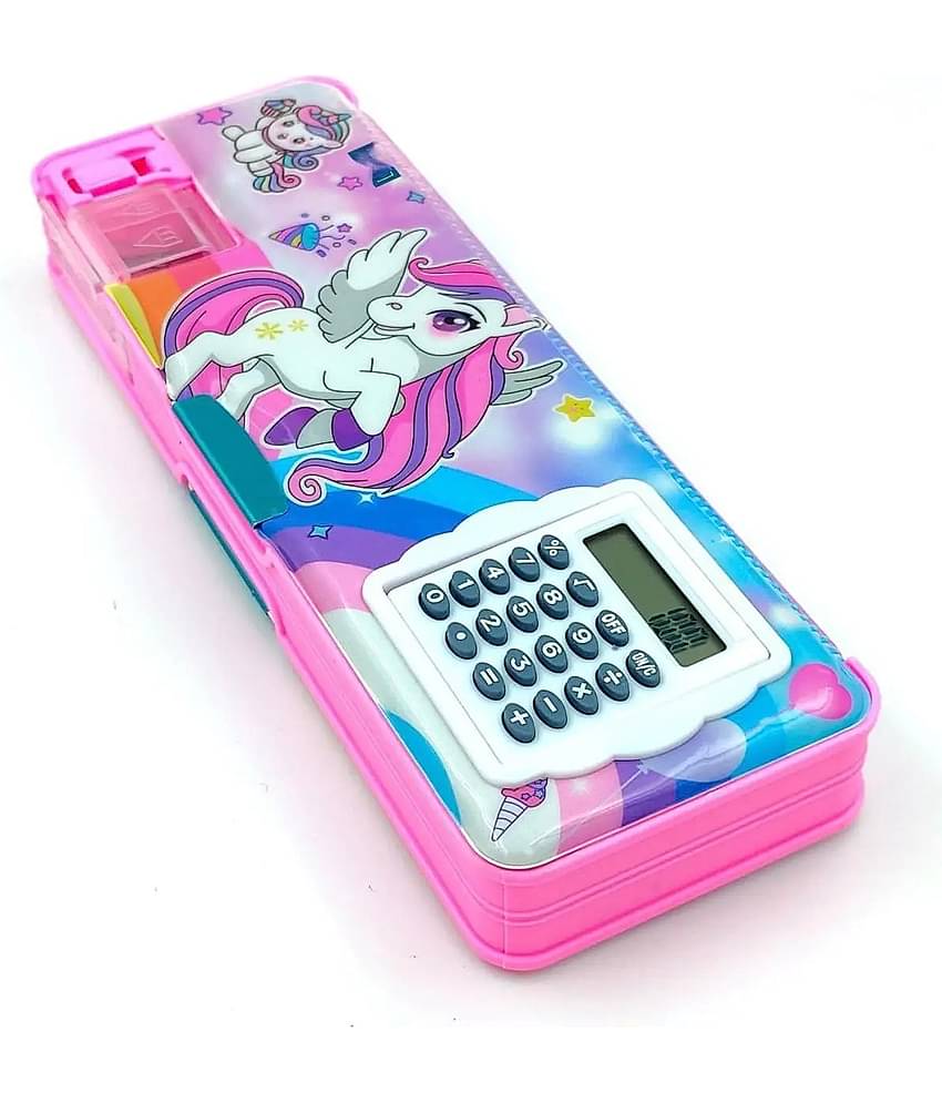 Unicorn Pencil Box 1 Pcs Calculator Geometry, calci Geo, Dual Sharpener with Calculator, Double Sided Stationary Box for Girls