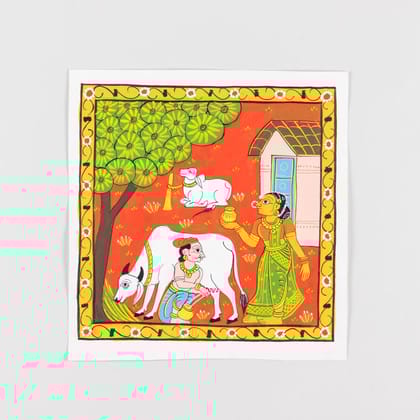 Eyaas Cheriyal Painting of Milking Cow in Traditional Village Scene Eyaas Cheriyal Painting of Milking Cow in Traditional Village Scene