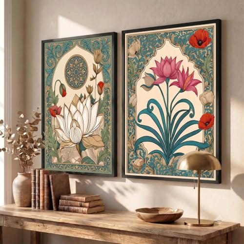 Set of 2 | Traditional Indian painting with Lotus & Floral Artwork | Rajasthani Ethnic Decorative Wall Hanging for