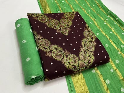 Cotton Thread Embroidery Mirror Work Bandhani Suit-Brown-Green