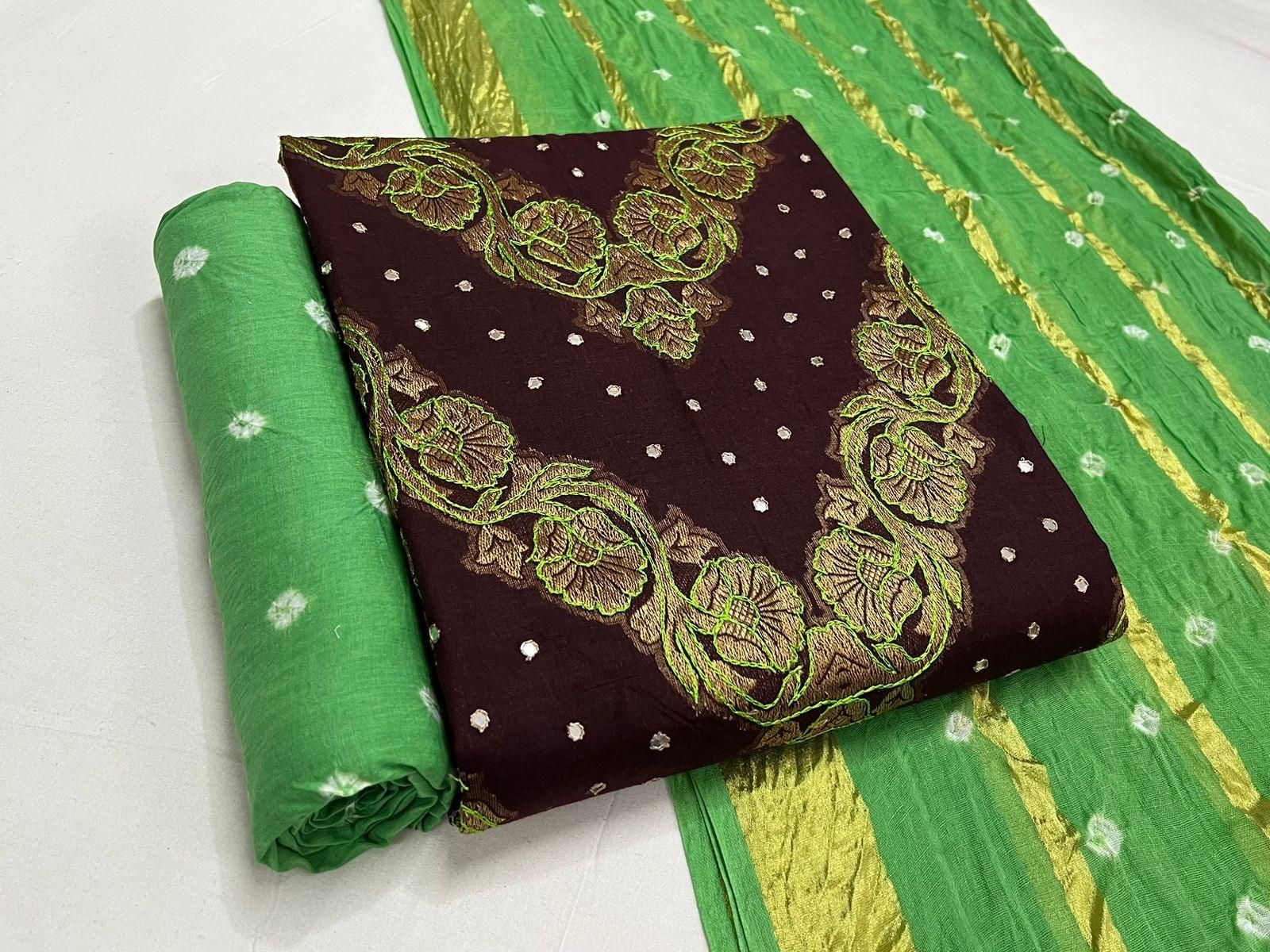 Cotton Thread Embroidery Mirror Work Bandhani Suit-Brown-Green