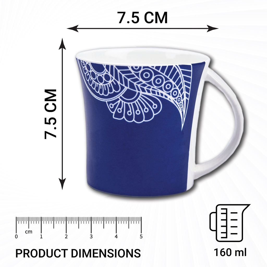 Femora Rich Paisley Pattern Tea Cups, Ceramic Tea Cups, Coffee Mugs (160 ml) - 6 Pcs Set (Blue)