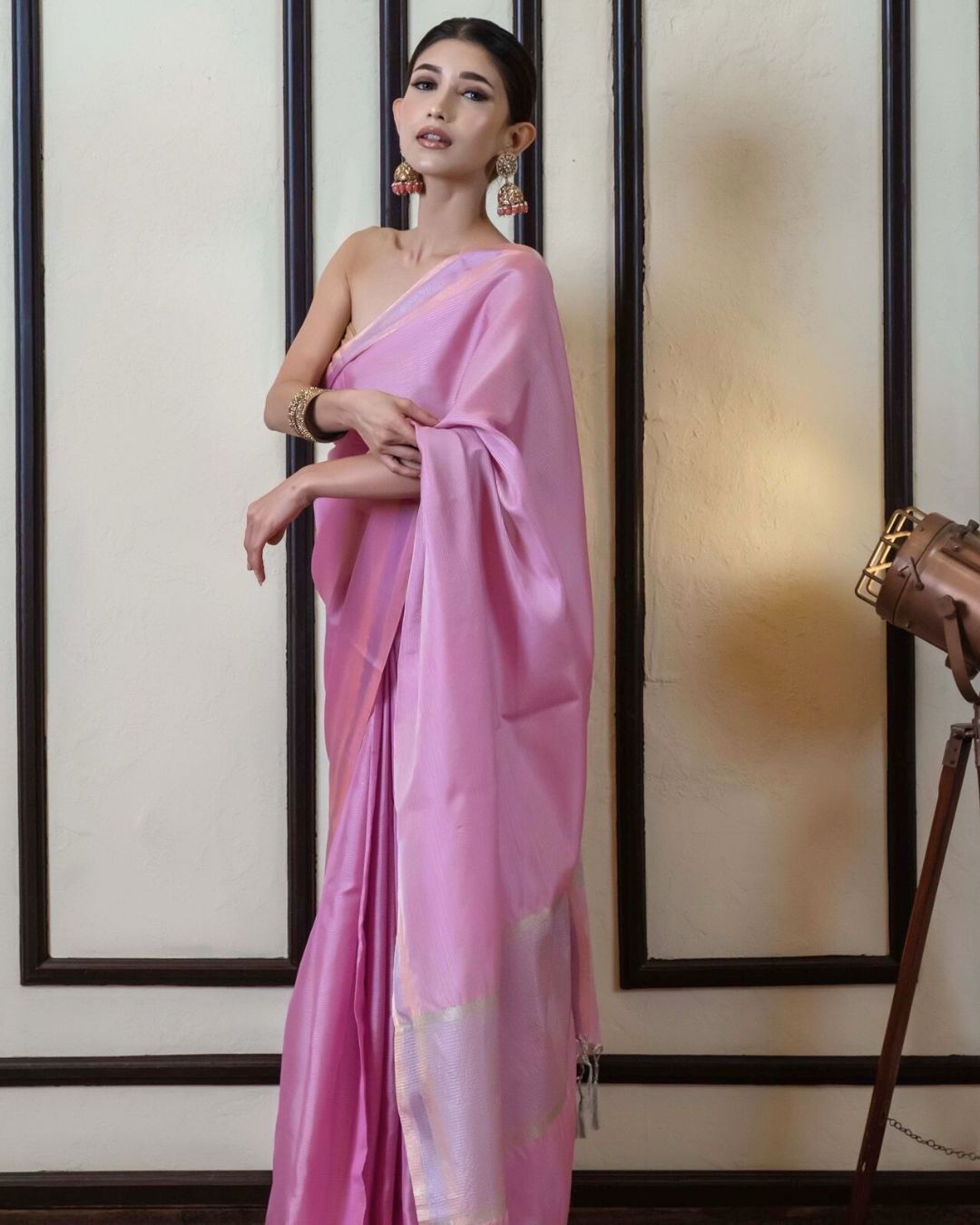 Lady pink tissue silk saree