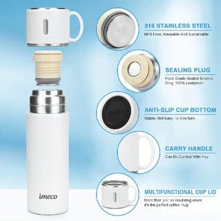 IMECO ECO-FLASK Stainless Steel Bottle 500 ml White, Insulated Leakproof BPA Free