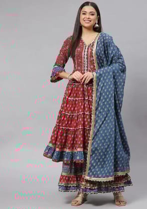 Maroon & Blue Anarkali Kurta Sharara Set with Dupatta-XS