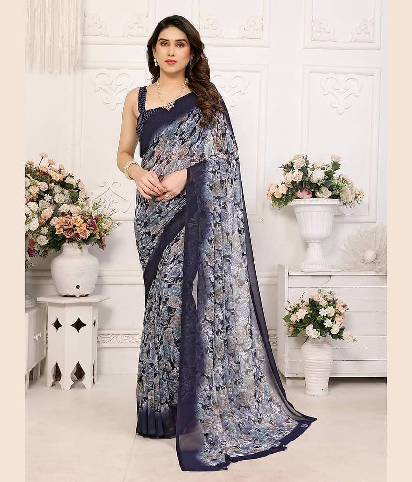 TTH Georgette Printed Regular Saree With Unstitched Blouse Piece ( Navy Blue )