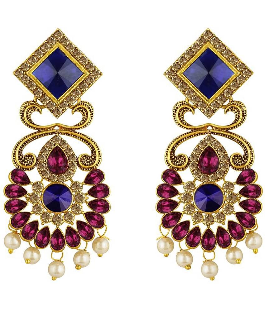 Spargz Gold Plated Antique Indian Style Bridal Blue & Purple AD Stone Chandelier Earrings For Wedding & Party AIER 1341