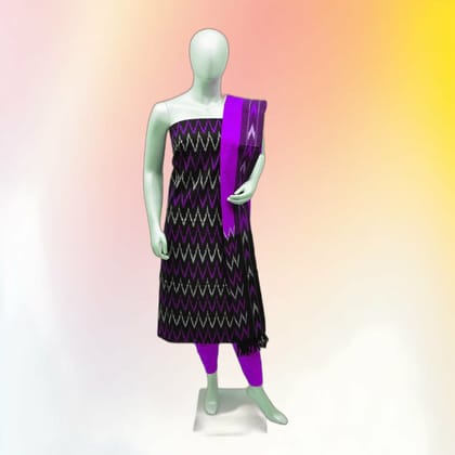 Black and Purple Ikat Pattern Unstitched Dress Material | Traditional Ethnic Motif | Festive Wear