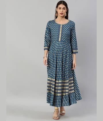 Yash Gallery Pack of 1 Rayon Printed Anarkali Women's Kurti - ( Blue )
