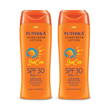Yuthika Sunscreen Lotion SPF 30 PA+++ with UVA & UVB Protection, Sun Cream for All Skin Types - 100ml Pack of 2