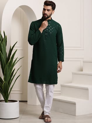 Men's Sequence Green Cotton Kurta and White Pyjama-36