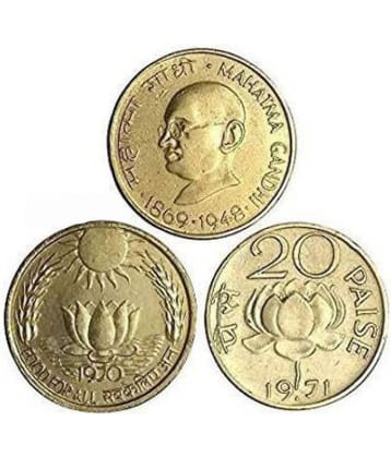 PE - 20 Paise - 3 Different Coins - 20 P Commemmorative - Used Condition - Sun & Lotus , Mahatma Gandhi , Lotus Coin - Good For Collections - Best For Gifting
