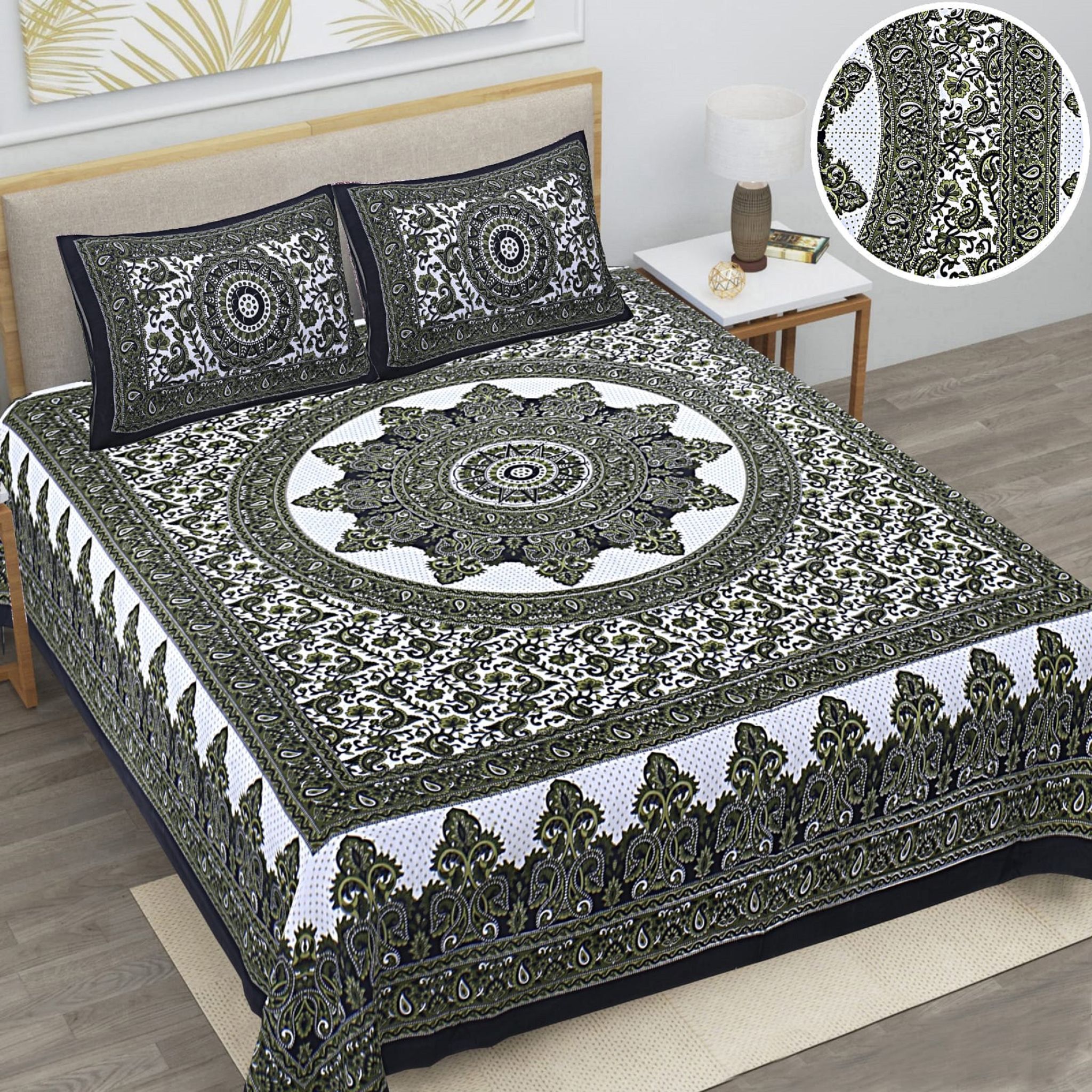 3001-Hometrade India-Standard King Size (90*108 Inches) Double Bedsheet With 2 Pillow Cover-RJ-14-Jaipur lining-3876