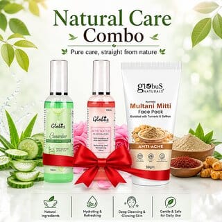 (Combo of 3) Globus Multani Mitti Face Pack (50g) With Cucumber Rose Water Toner (200ml) and Aloe Vera Neem Tulsi Face Wash (75g)