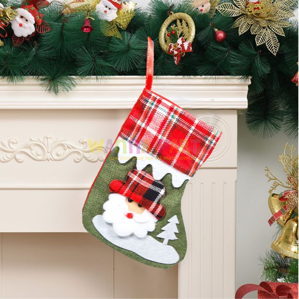 Red & White Chequred Christmas Stockings with Christmas Tree Santa