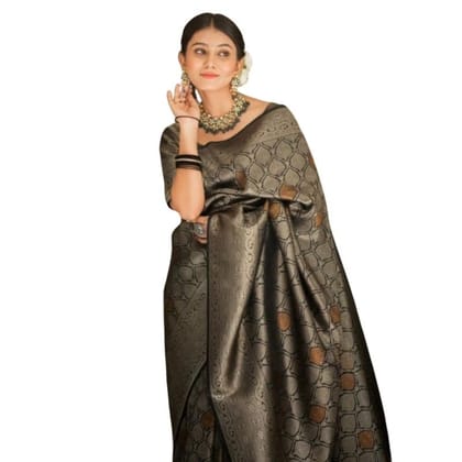 Women's Silk Printed Saree With Unstitched Blouse 5.5Mtr (Black)-PID60175
