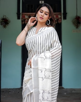 White and Black Pure Cotton Linen Saree with Striped Pattern, Blouse, and Tassel Detailing-Regular