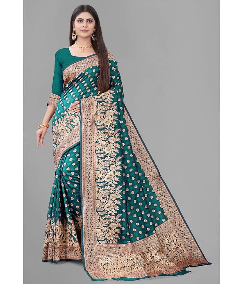 Gazal Fashions Banarasi Silk Embellished Saree With Unstitched Blouse Piece ( Rama )